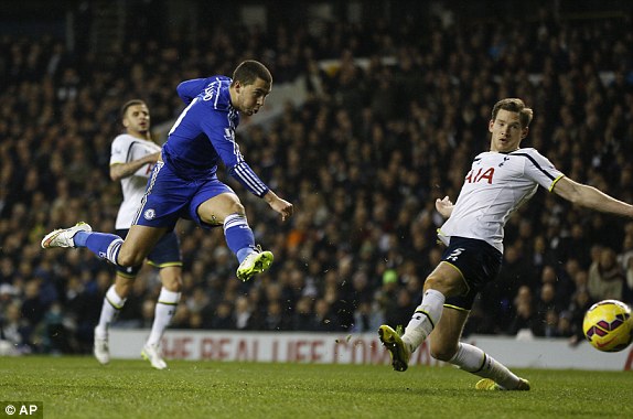 Federico Fazio carelessly gives the ball away and after Eden Hazard and Fabregas play a one-two, the former places the ball into the bottom corner.